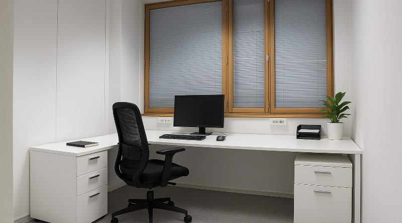 Valkoinen toimistotila, jossa pöytä ja tuoli sekä ruskeapokainen ikkuna