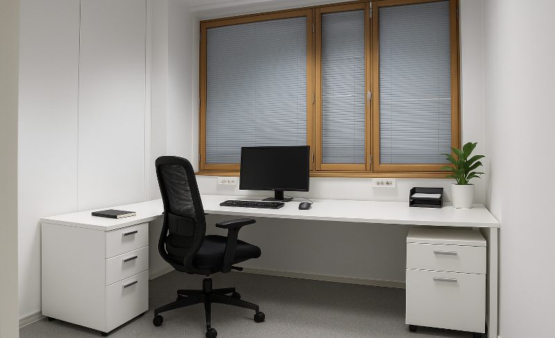 Toimistohuone Valkoinen toimistotila, jossa pöytä ja tuoli sekä ruskeapokainen ikkuna