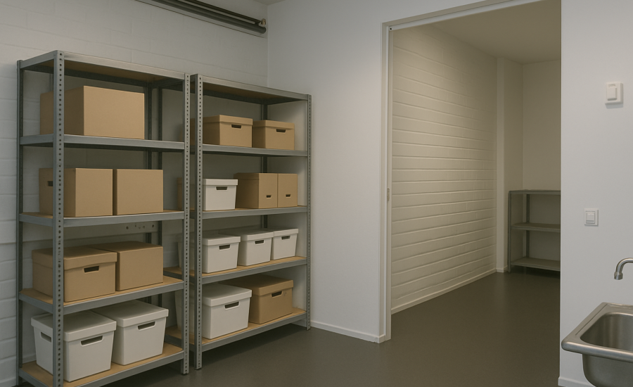 Typpiparkin varasto, kaksi hyllyä täynnä pakkauslaatikoita